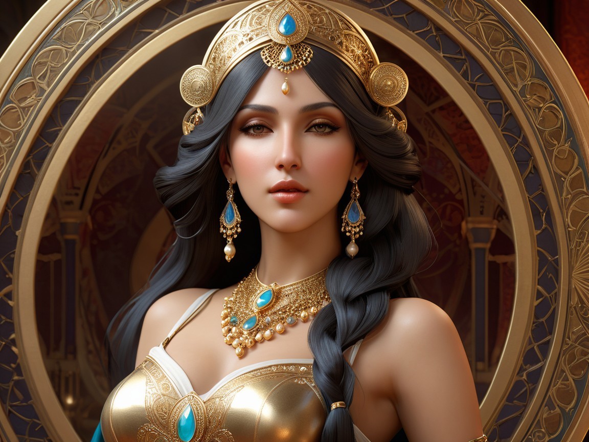 Regal female figure in luxurious attire and gold jewelry