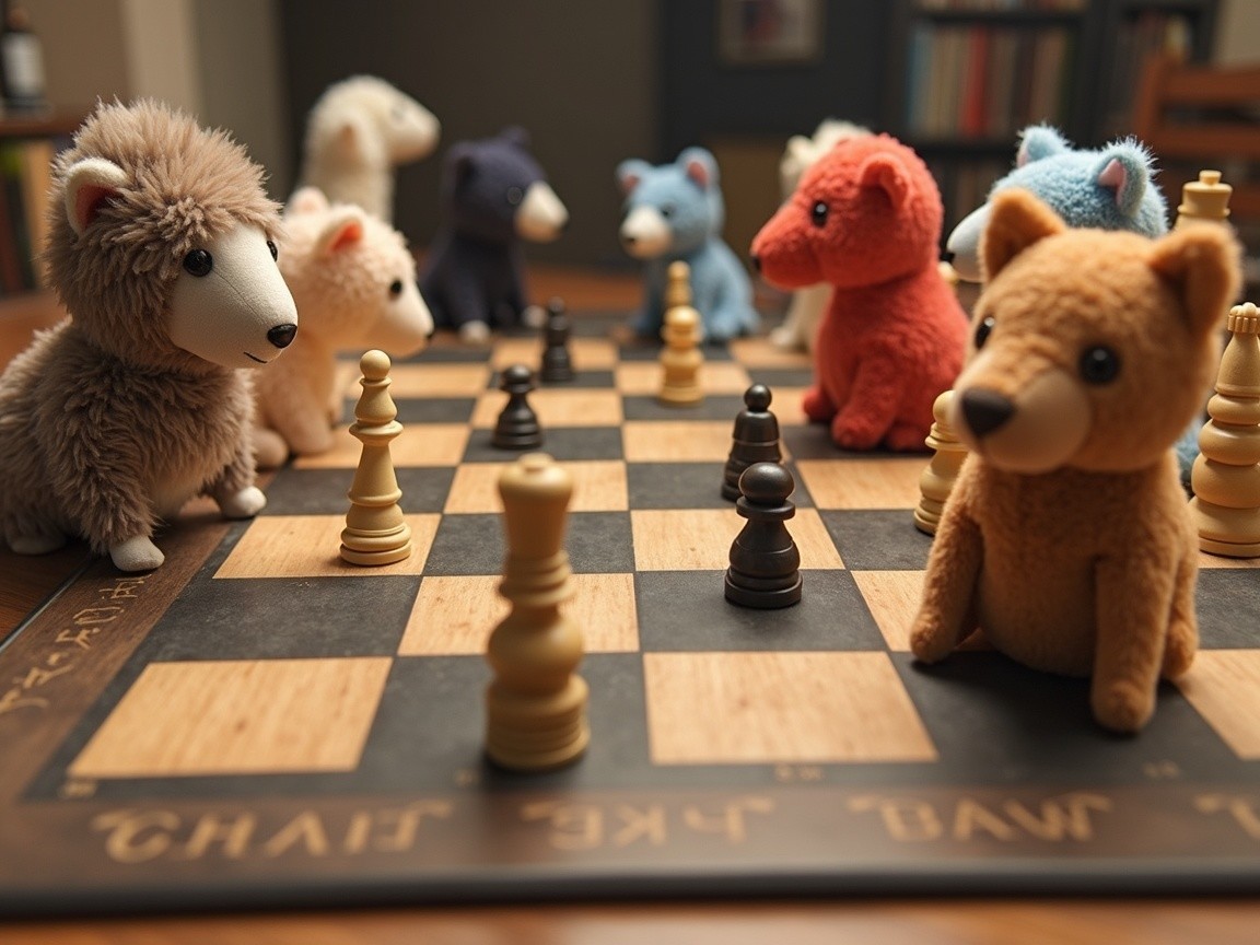 Whimsical Chess Game with Plush Animal Players