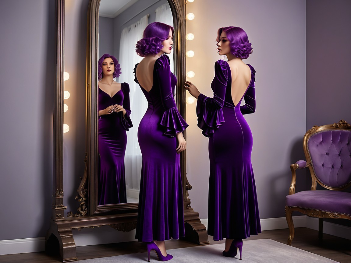 Woman in Purple Velvet Gown Reflected in Grand Mirror