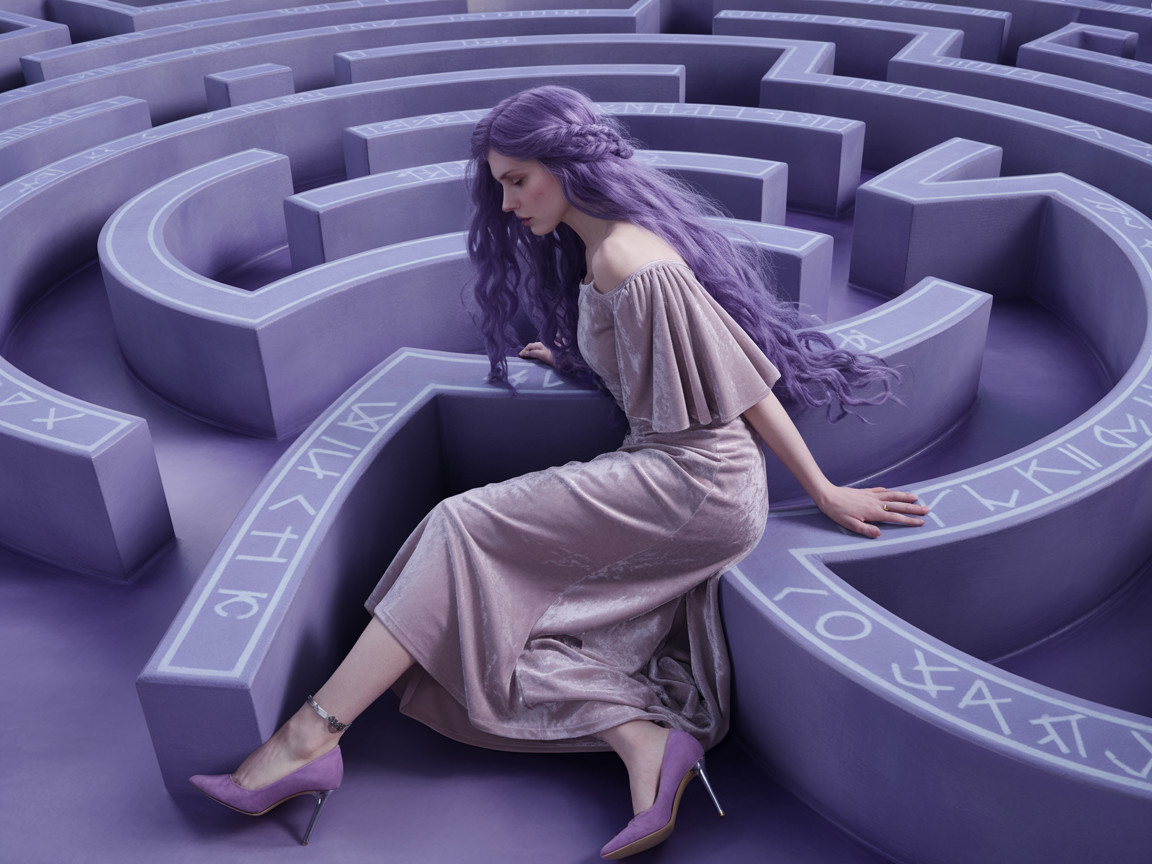 Woman in lavender maze with flowing purple hair