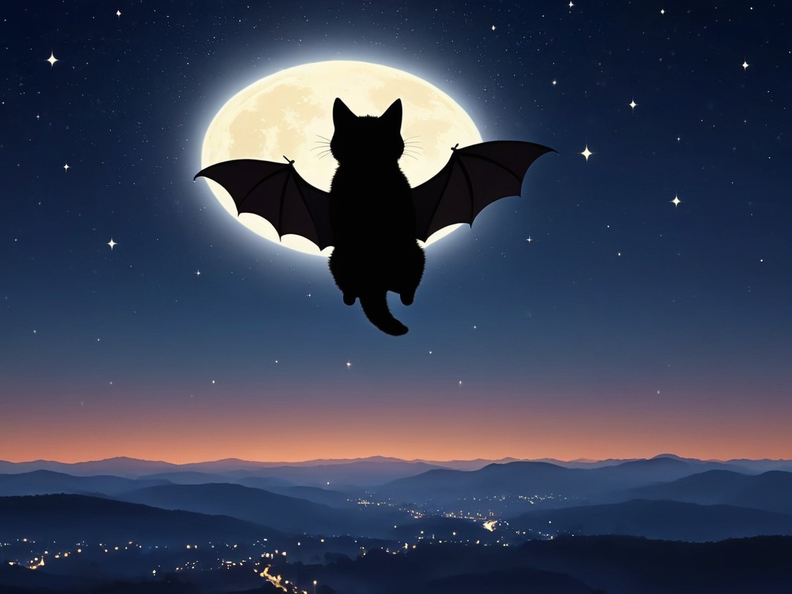 Whimsical Night Scene with Cat and Full Moon