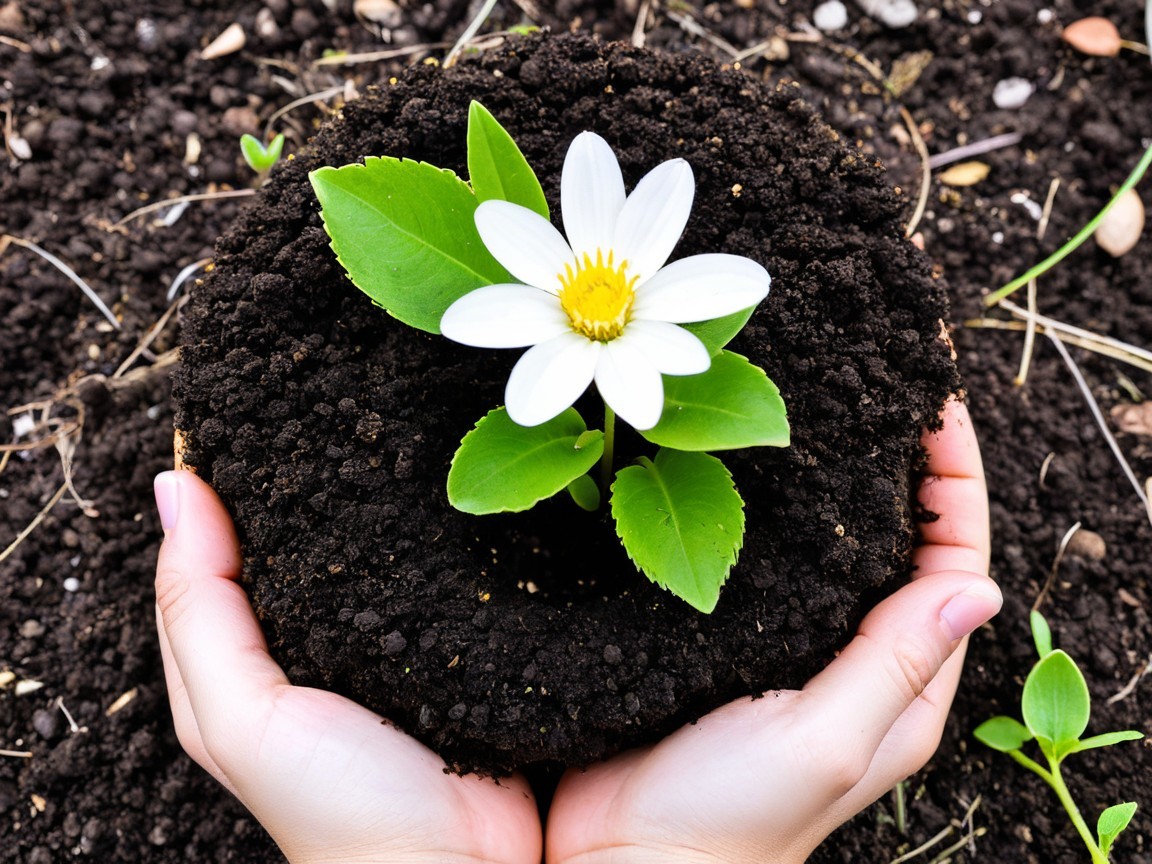 Hands Holding Soil with Flower and Green Leaves