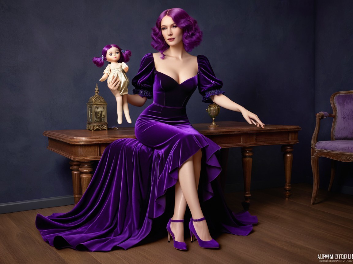 Elegant Woman in Purple Gown with Vintage Doll