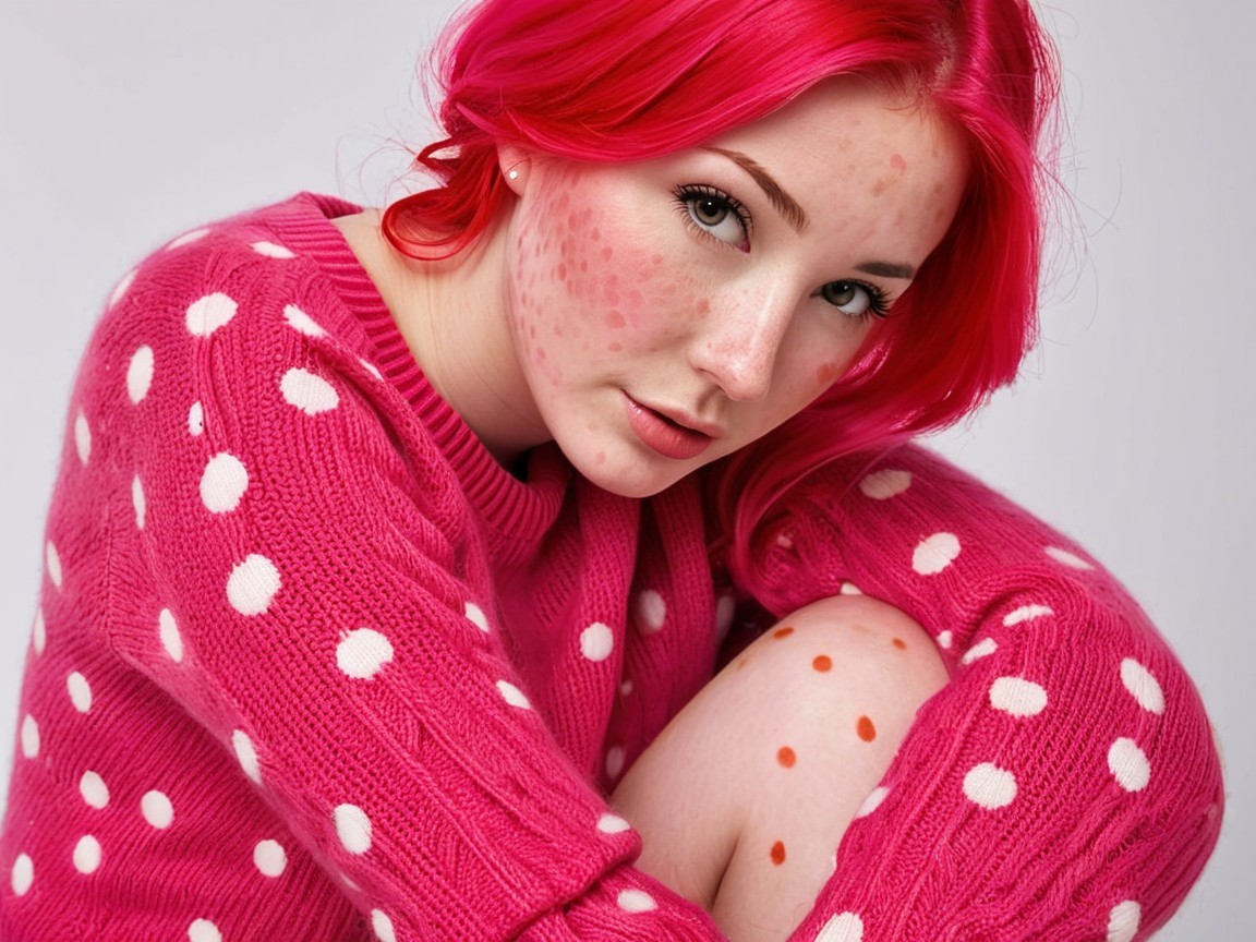 Young woman with pink hair in cozy polka dot sweater