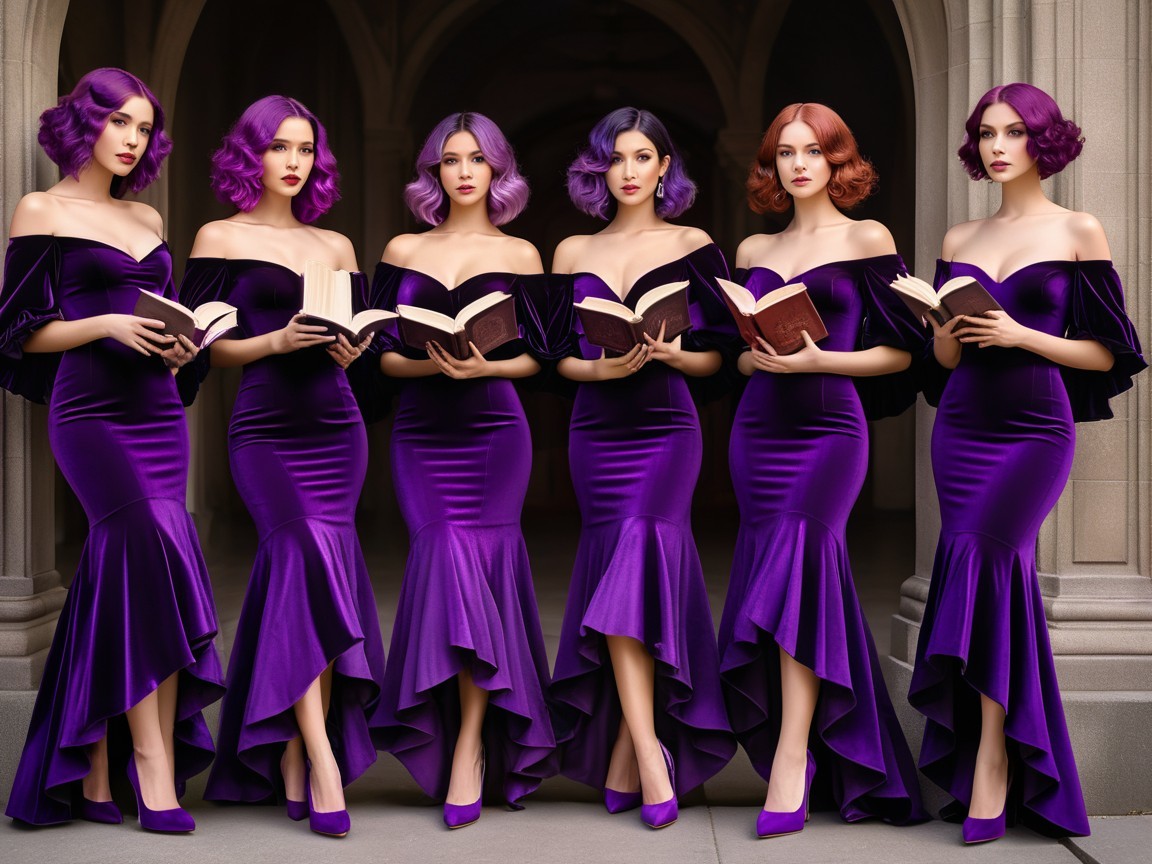 Elegant Women in Purple Gowns with Books in Semi-Circle