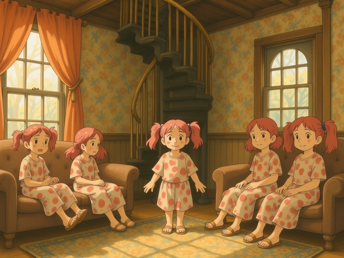 Five Identical Girls in Cozy Room with Pigtails