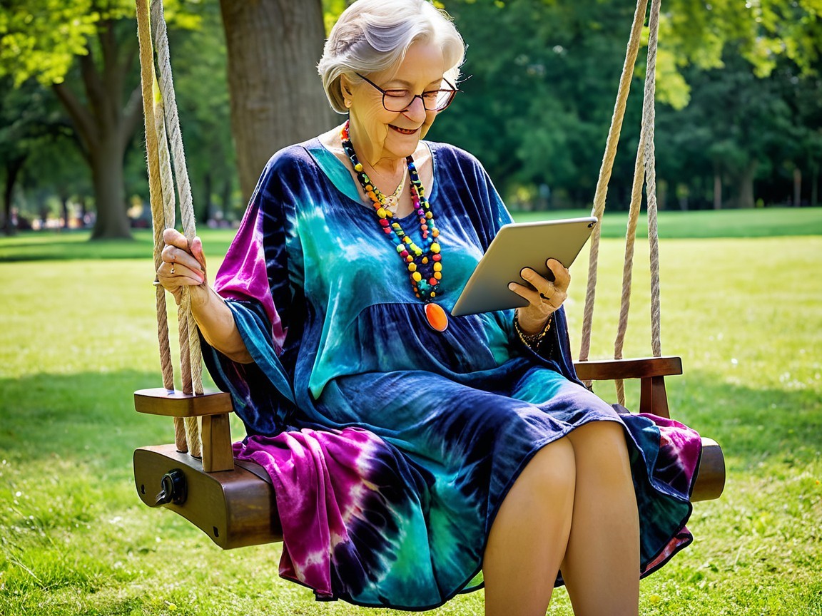 Elderly Woman on Swing in Vibrant Park Setting