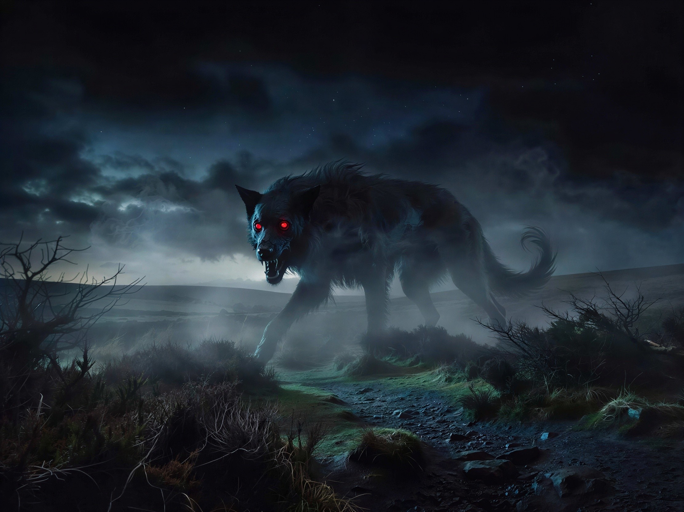 Dark Monster with Glowing Eyes in Misty Landscape