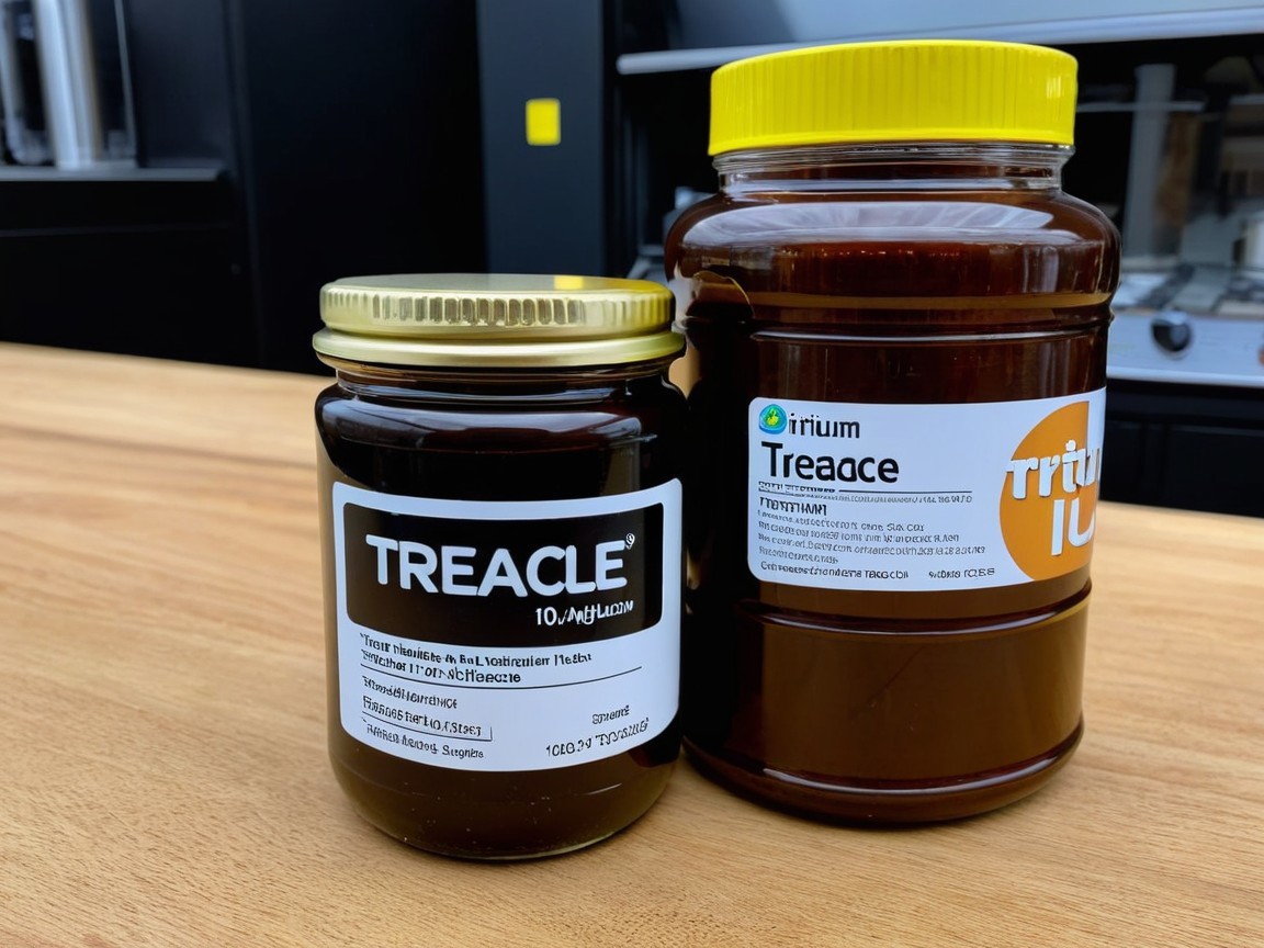 Two jars of treacle syrup on wooden surface