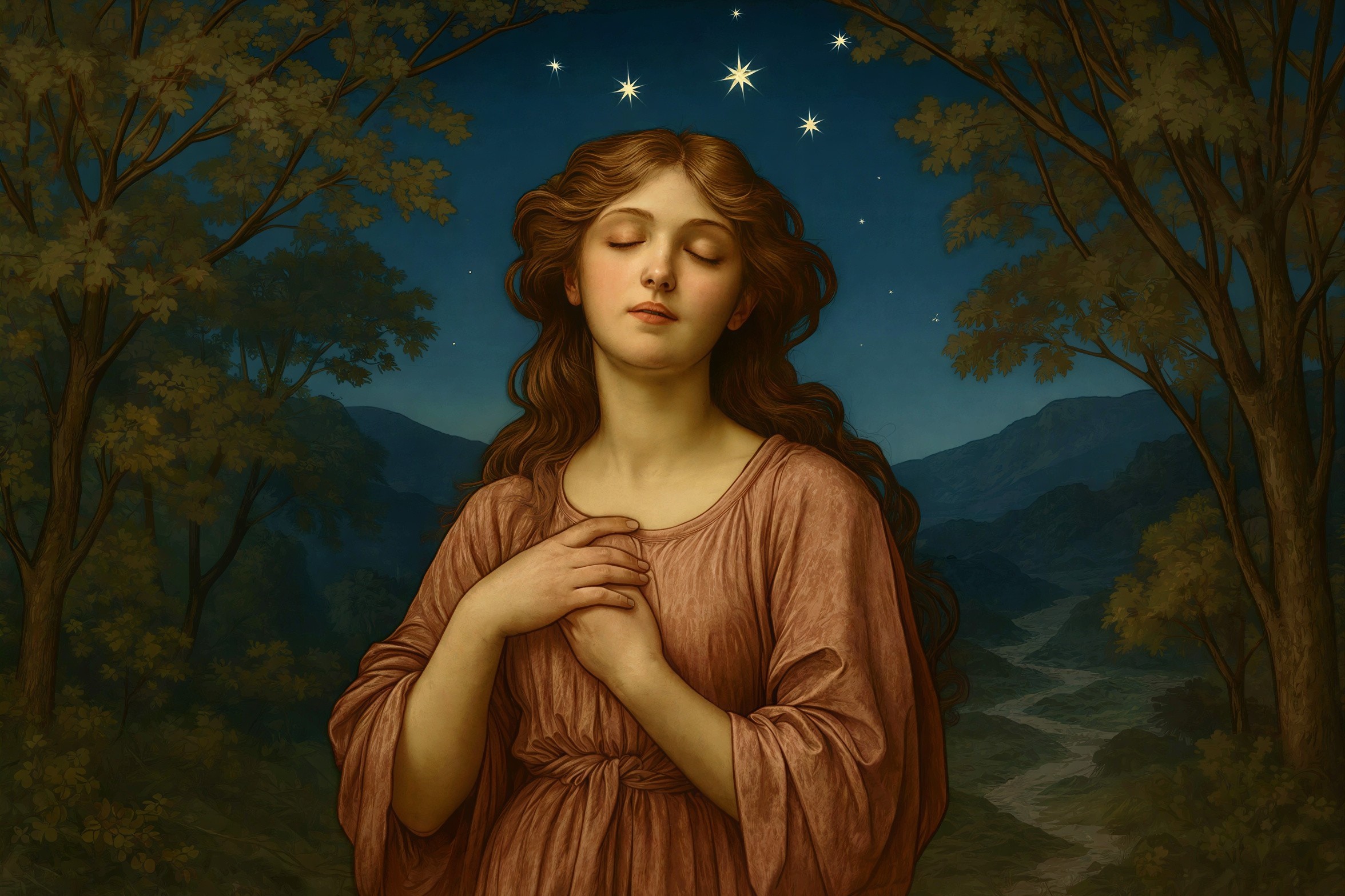 Digital Painting of a Serene Young Woman at Twilight