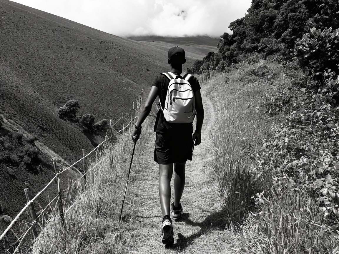 Lone Hiker on Narrow Path in Lush Greenery