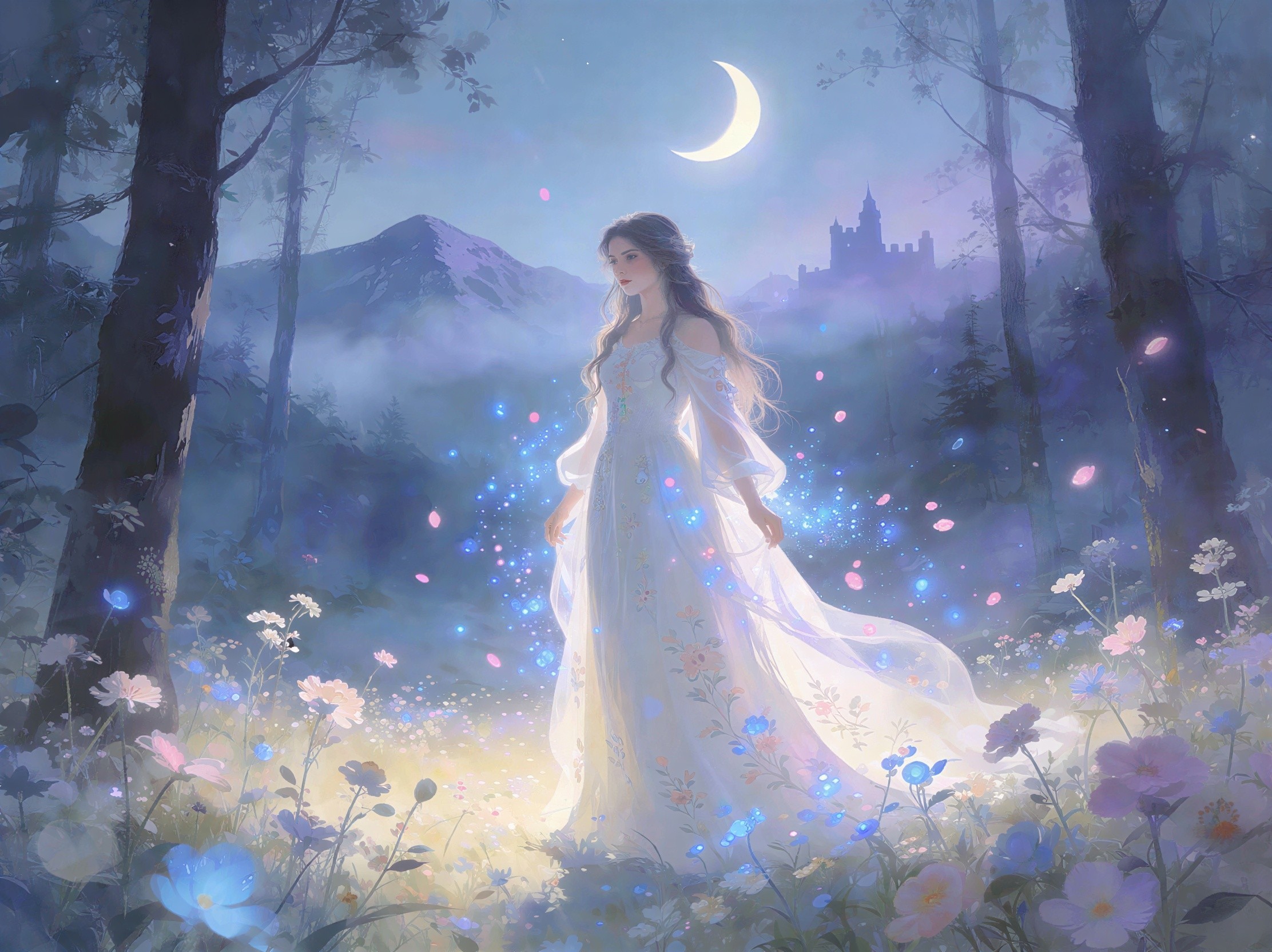 Digital Painting of Woman in Moonlit Forest Scene