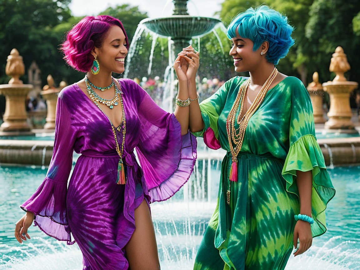 Two Women in Colorful Dresses by a Fountain