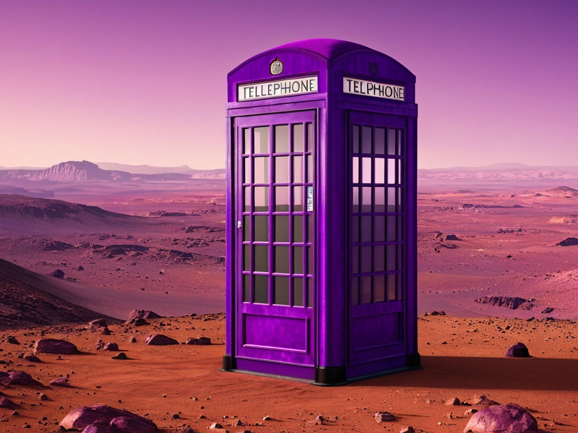 Purple Telephone Box in Reddish Desert Landscape