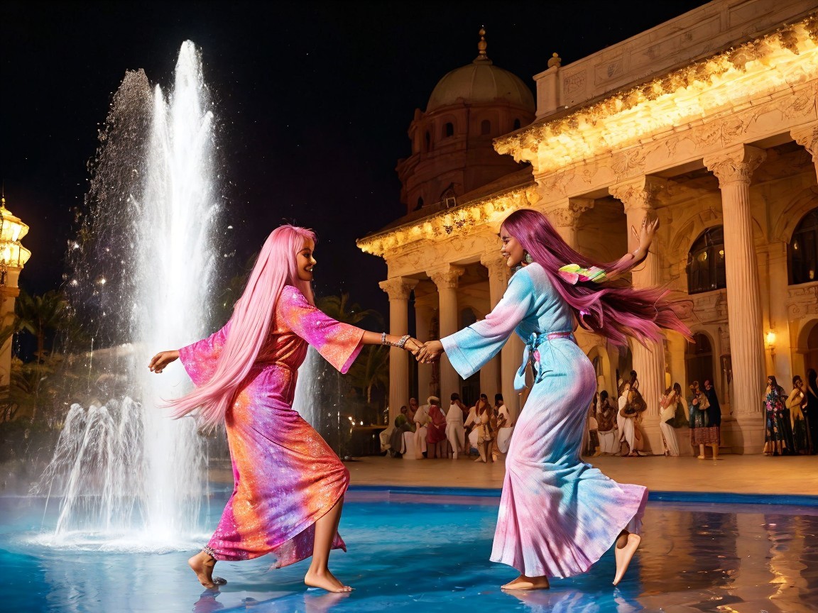 Women Dancing by a Fountain in Colorful Dresses