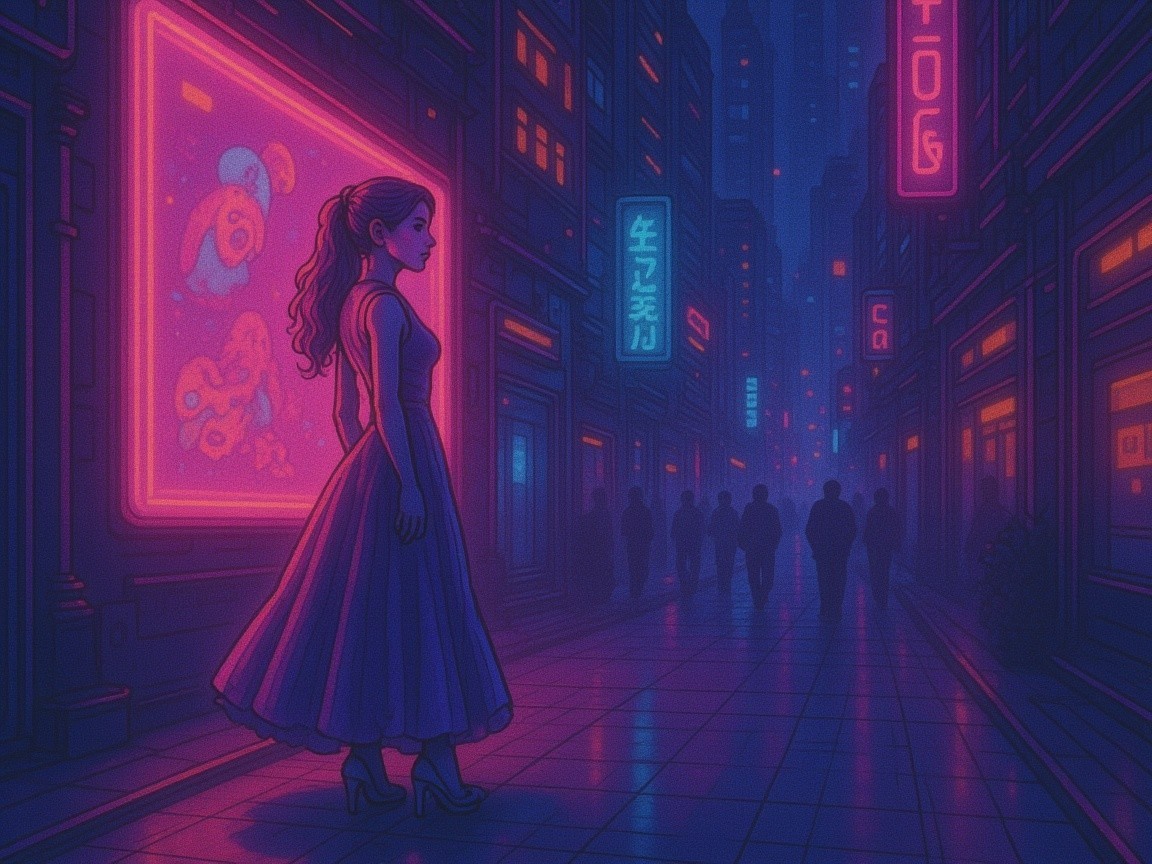 Stylish Woman in Flowing Dress in Neon Alley