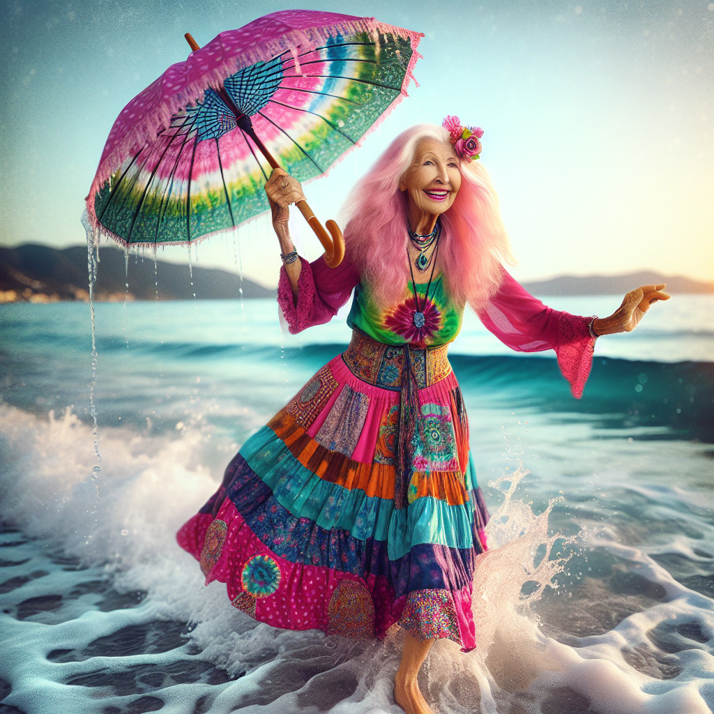 Elderly Woman with Umbrella at Colorful Beach