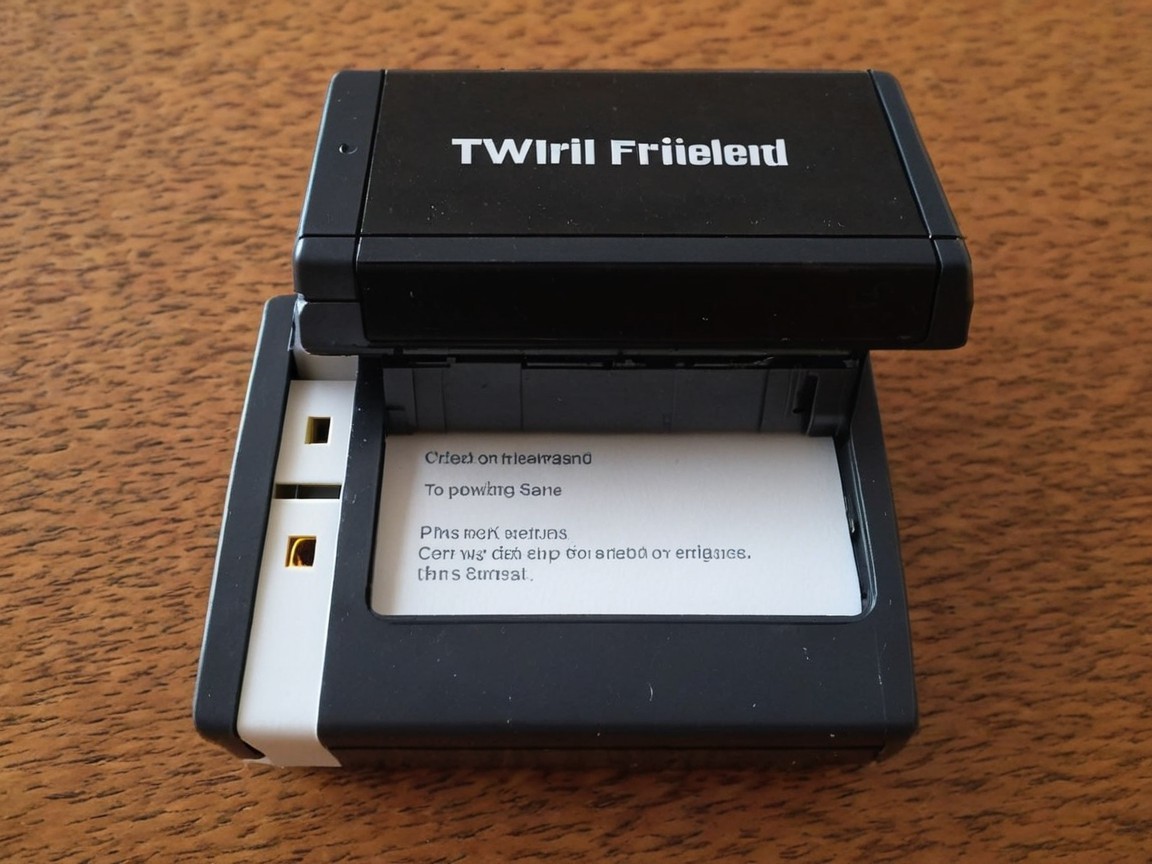 Compact Black Device with Card Slot on Wood Surface