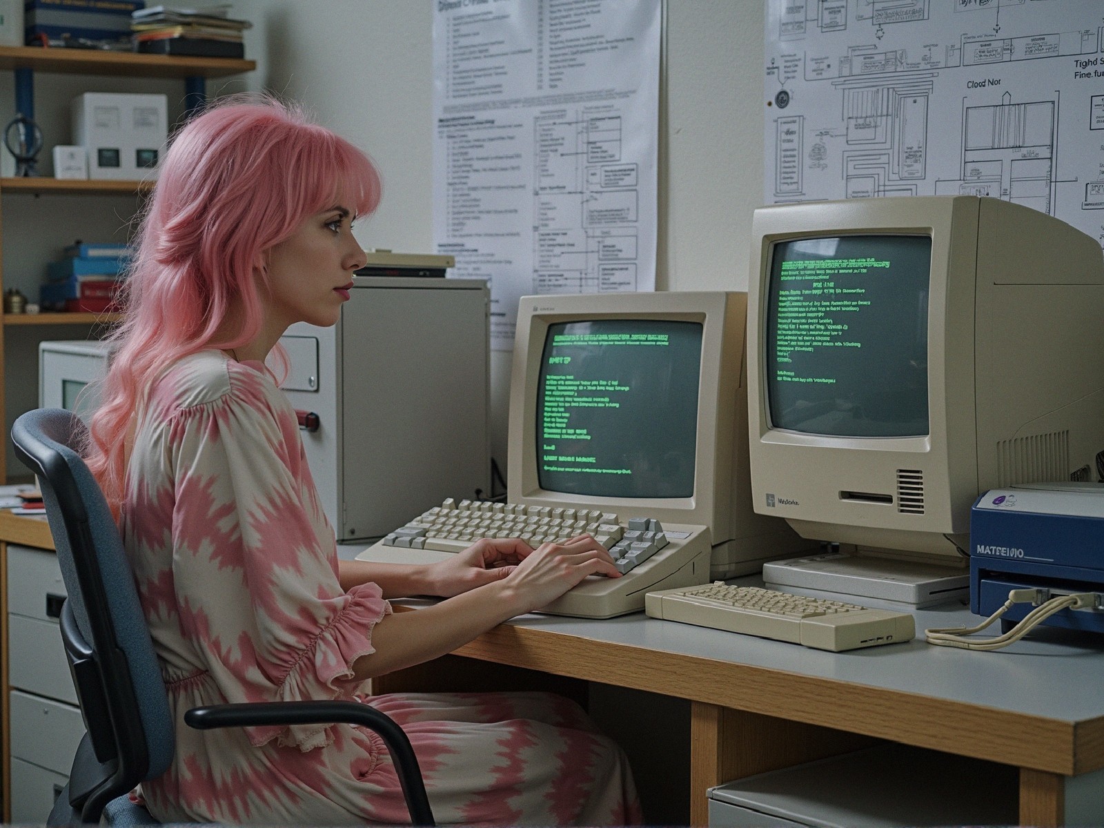 Woman with Pink Hair at Retro Tech Desk Setup