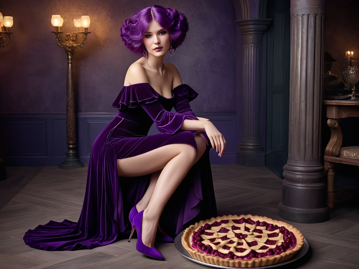 Elegant Woman in Purple Gown Beside Large Pie