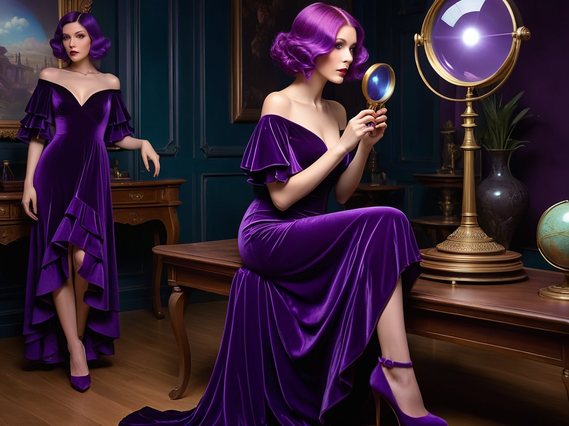 Elegant Women in Violet Velvet Dresses in Luxurious Setting