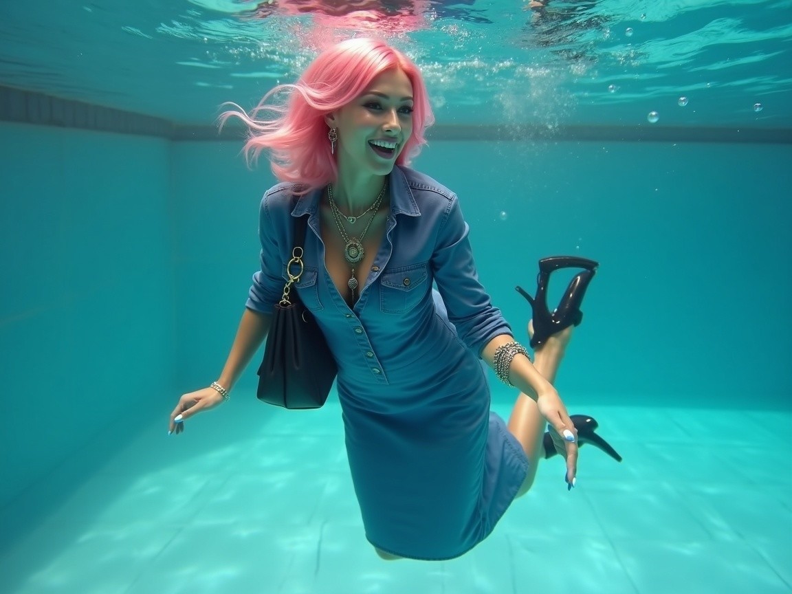 Woman with Pink Hair in Clear Pool Surrounded by Bubbles