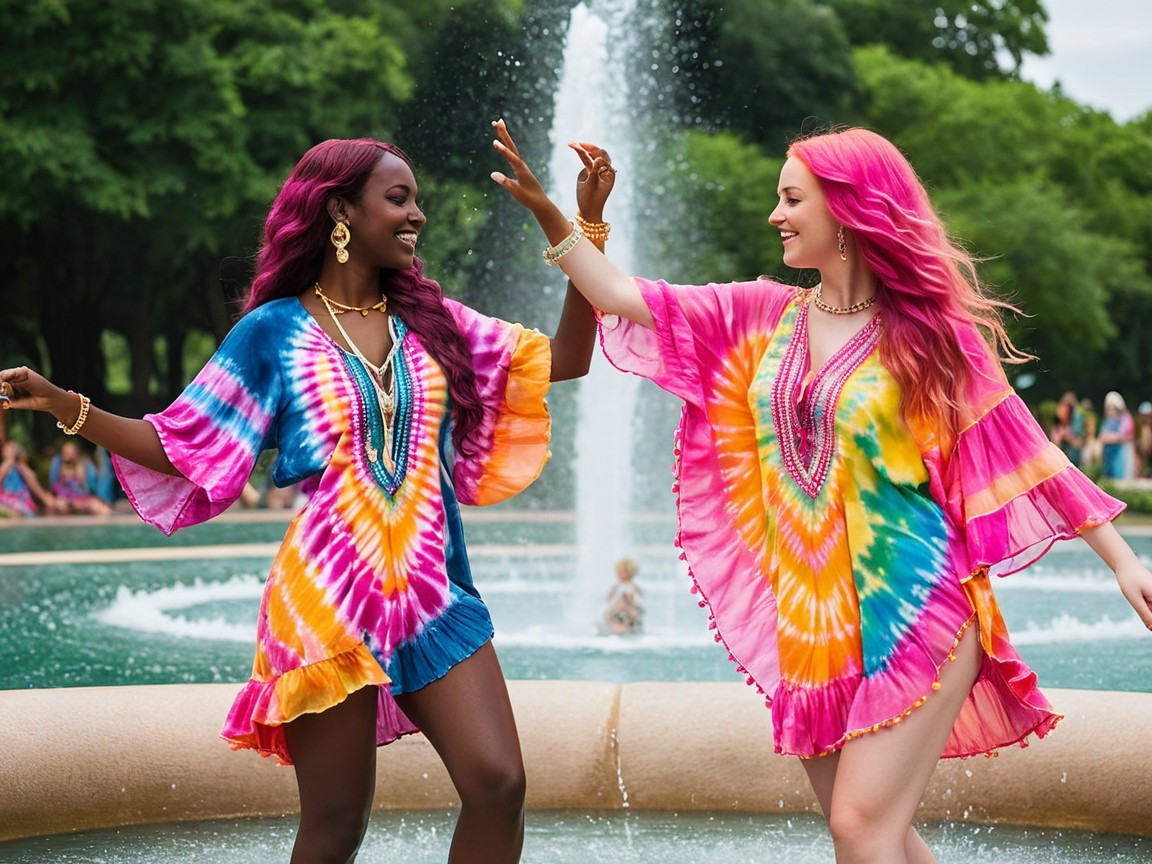 Women Dancing Joyfully by a Fountain in a Park