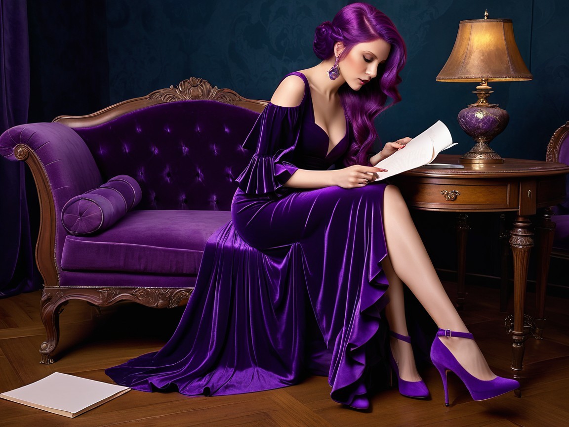 Elegant woman in purple gown reading on sofa