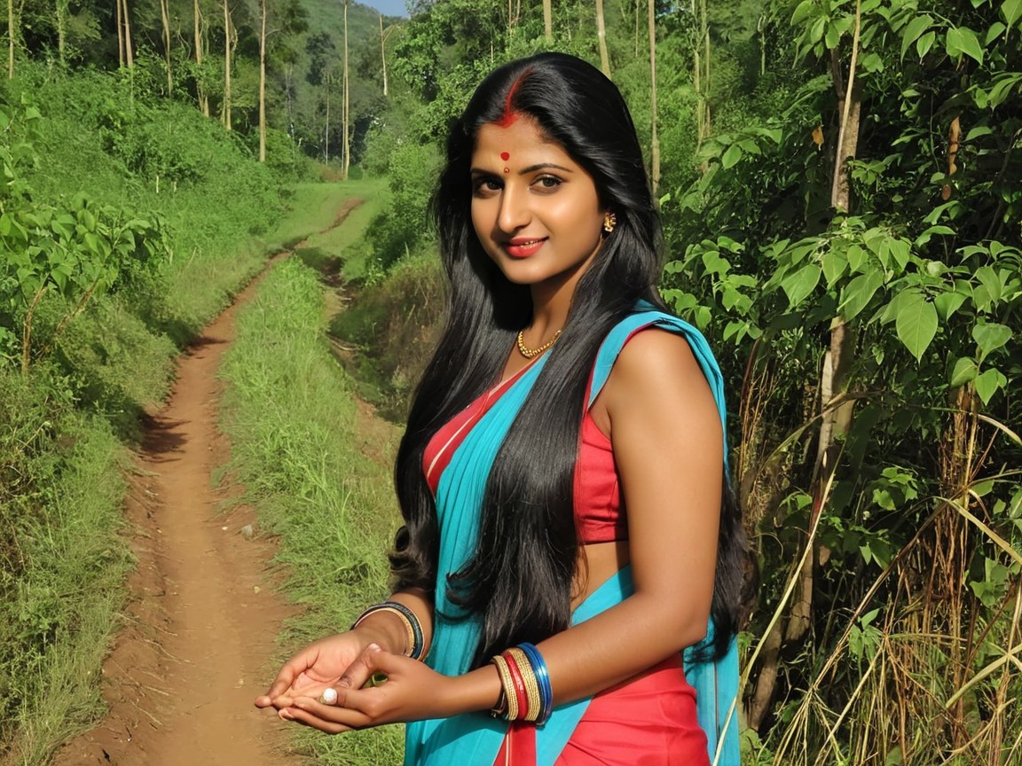 Young woman in traditional attire on a scenic path