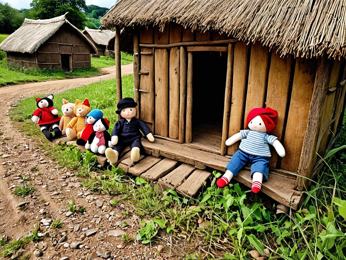 Wooden House with Thatched Roof and Handmade Dolls