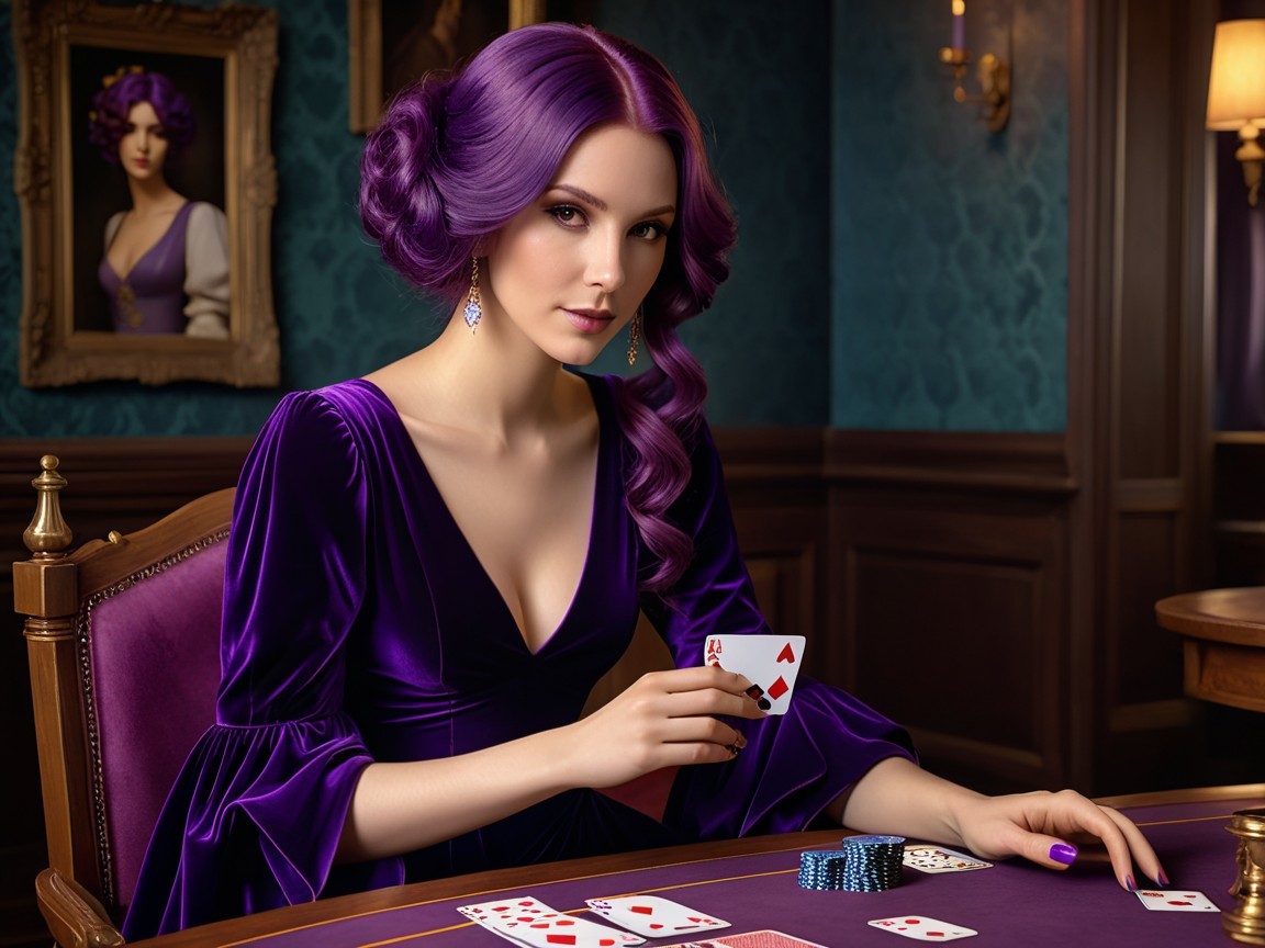 Woman with Purple Hair at Elegant Poker Table