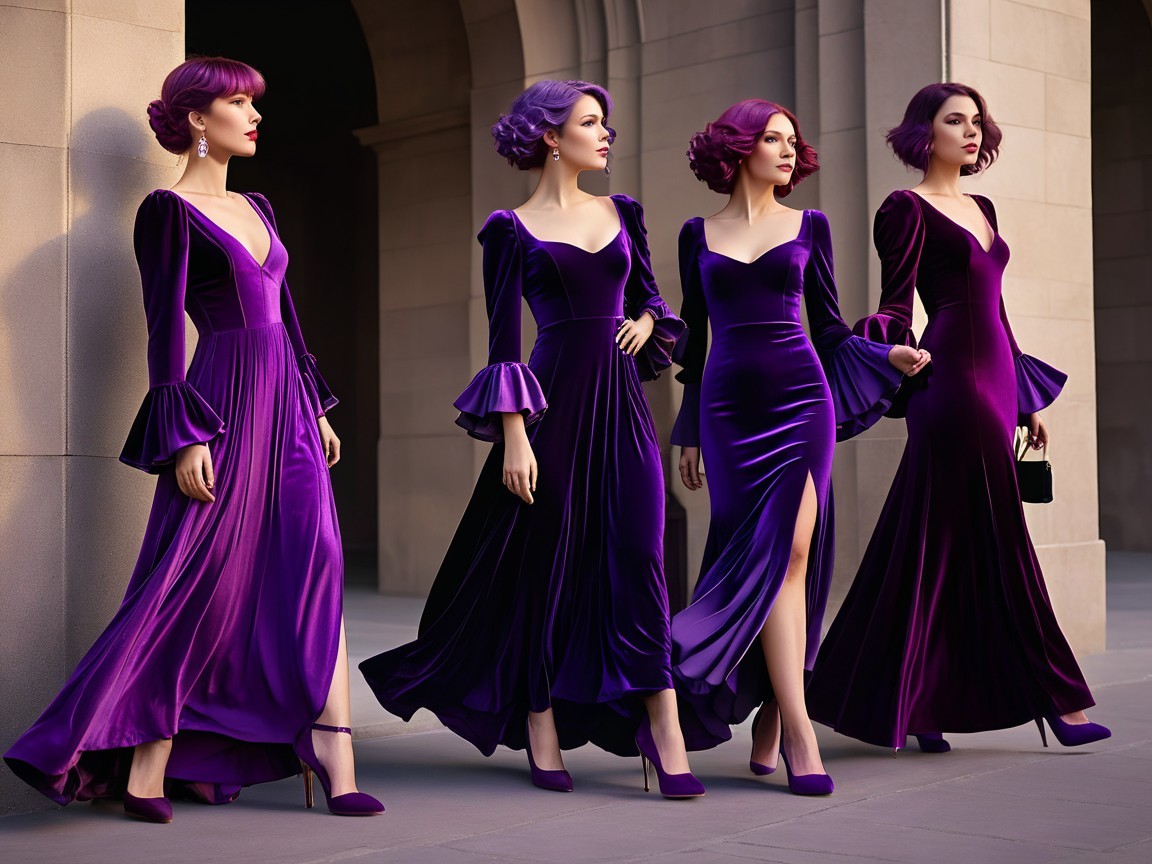 Elegant Purple Velvet Gowns on Mannequins Displayed