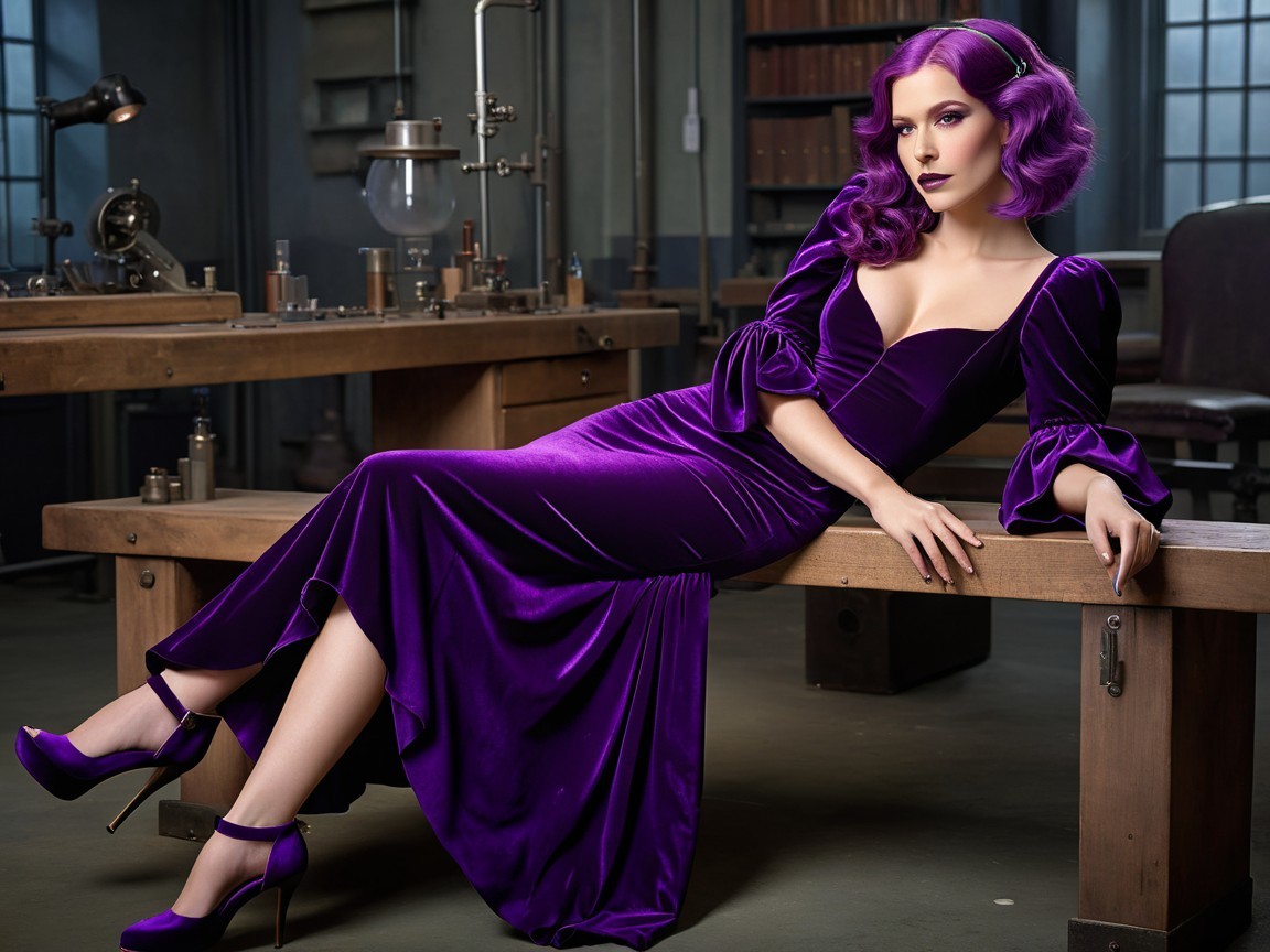 Elegant Woman in Purple Velvet Gown on Wooden Table
