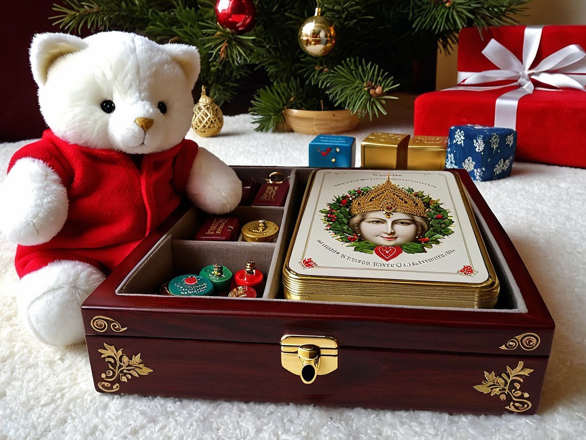 Plush White Bear and Ornate Box in Holiday Setting