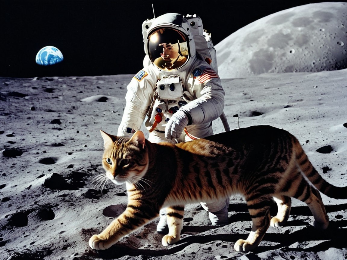 Astronaut on Moon with Tabby Cat and Earth Background