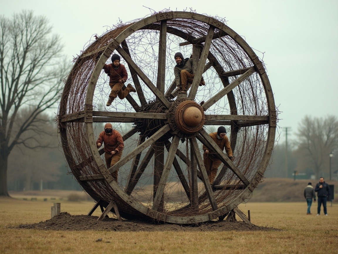 Wood and vine sculpture with people in an open field