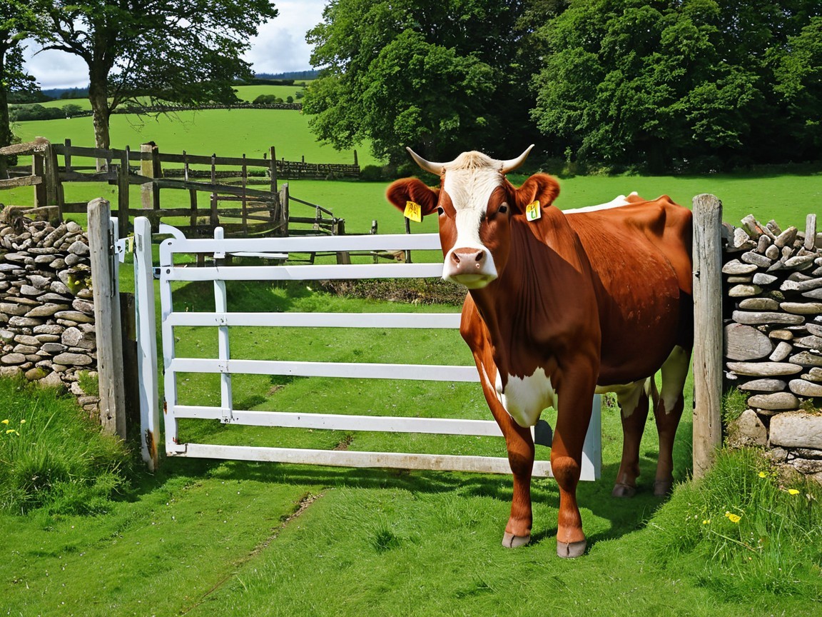 Brown and white cow at a serene rural entrance