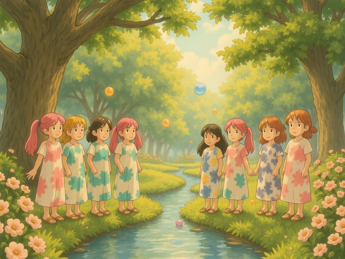 Cheerful Girls in Colorful Dresses by a River