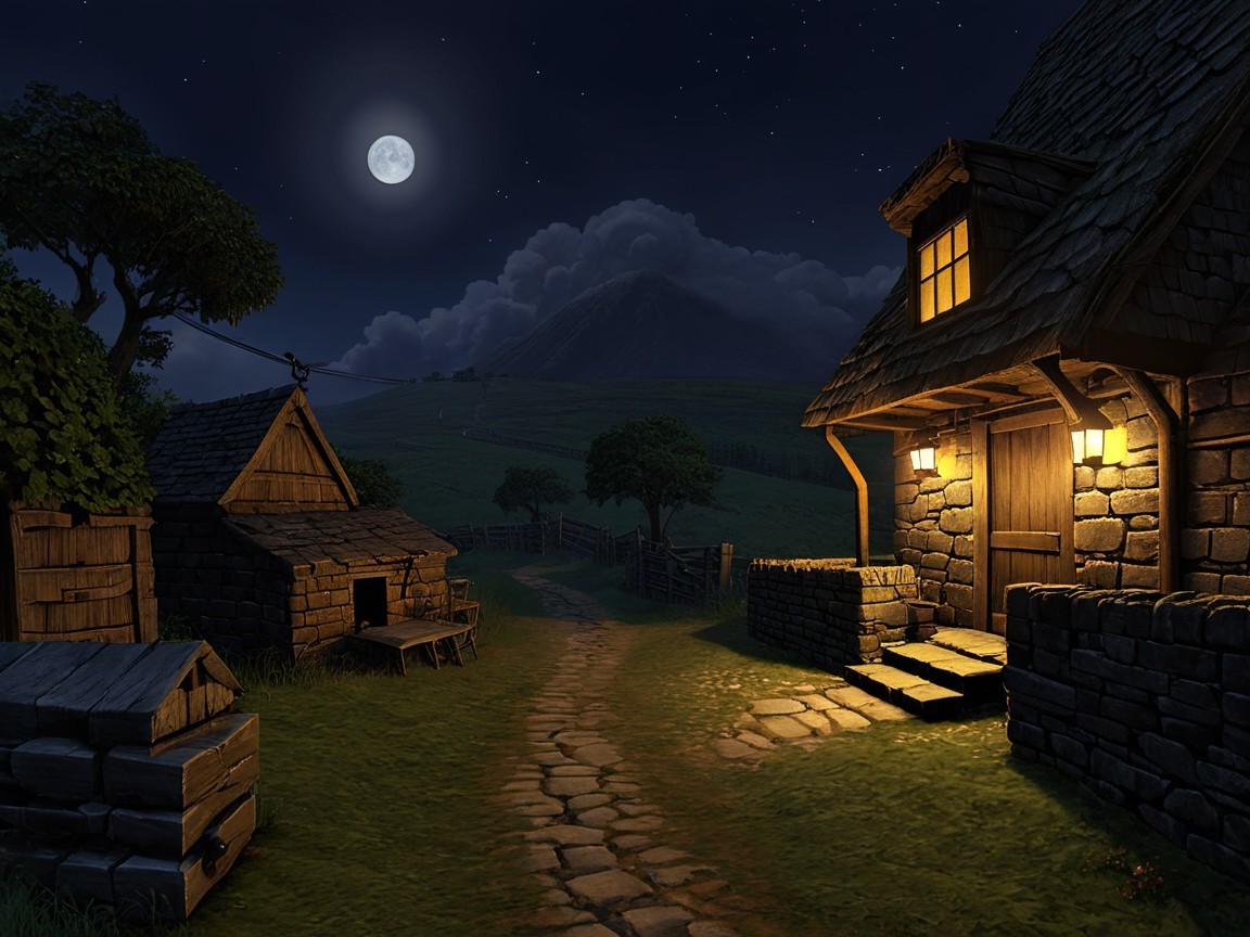 Quaint Village Night Scene under Full Moonlight