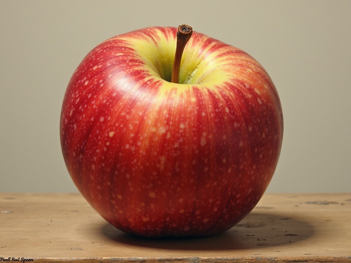 Vibrant Red Apple on Wooden Surface with Glossy Skin