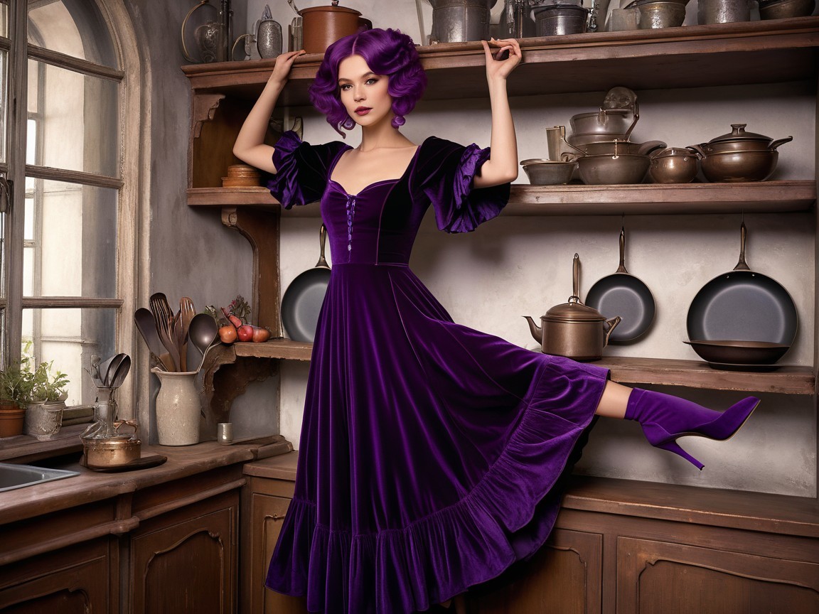 Woman in Purple Velvet Dress in Rustic Kitchen Setting