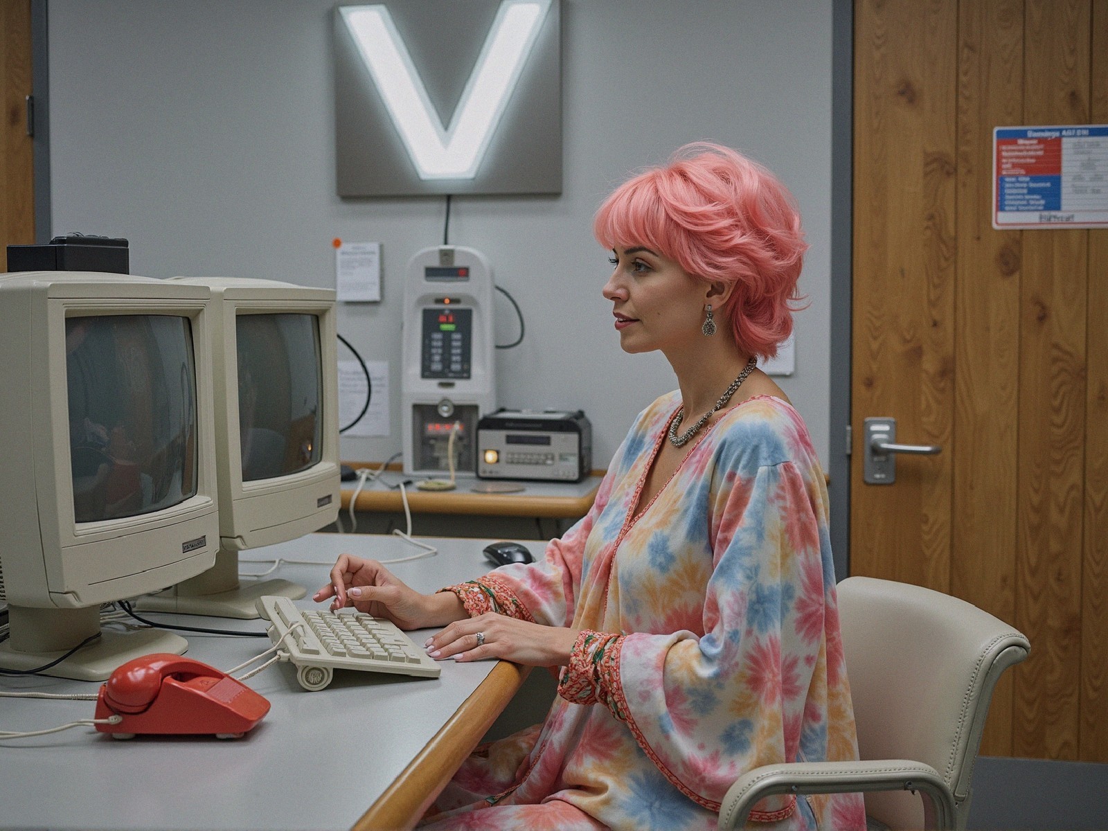 Woman with Pink Hair at Retro Workstation Setup