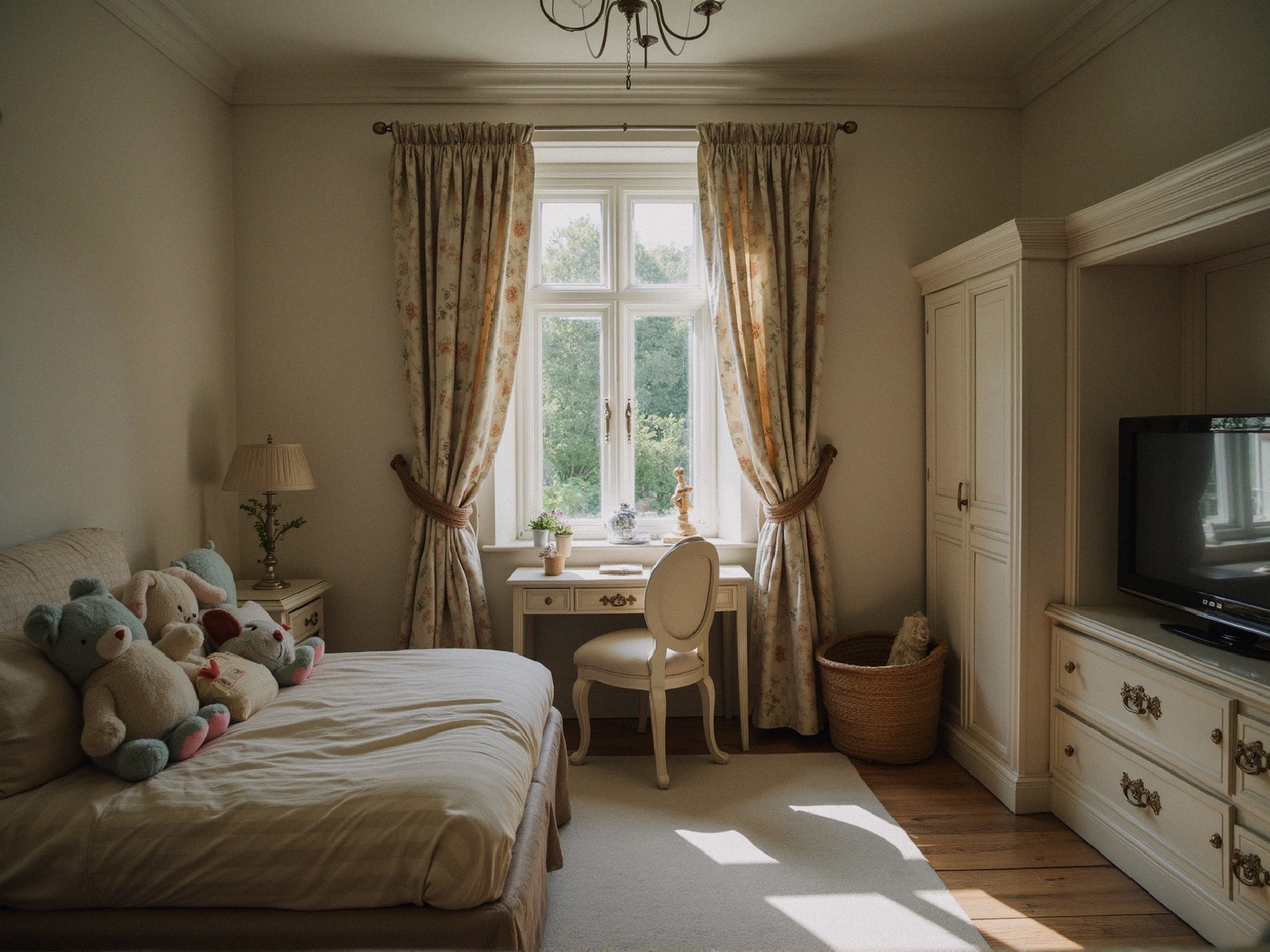 Cozy bedroom with plush toys and natural light