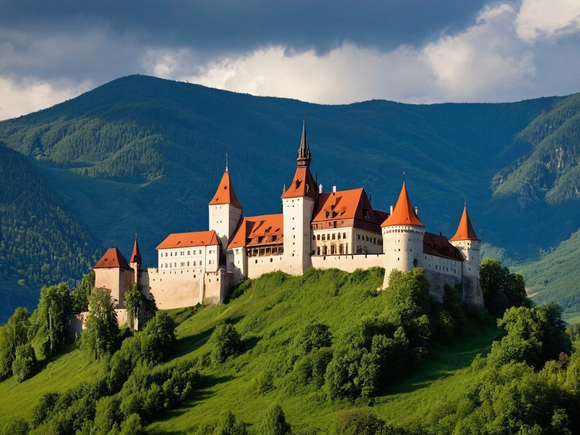 Majestic castle on a green hill with mountains backdrop