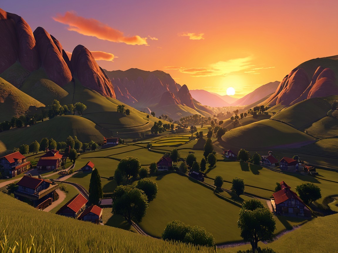 Serene Sunset Landscape with Hills and Village