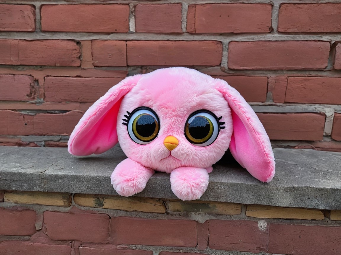 Plush Bunny Toy on Stone Ledge with Brick Background