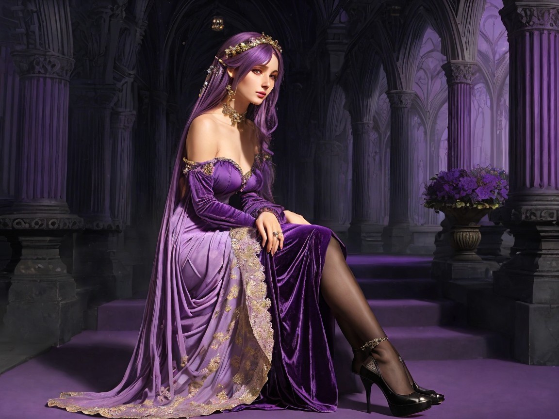 Elegant Woman in Purple Dress in Gothic Setting