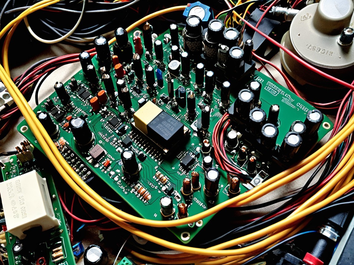 Complex Electronic Circuit Board with Wires and Components