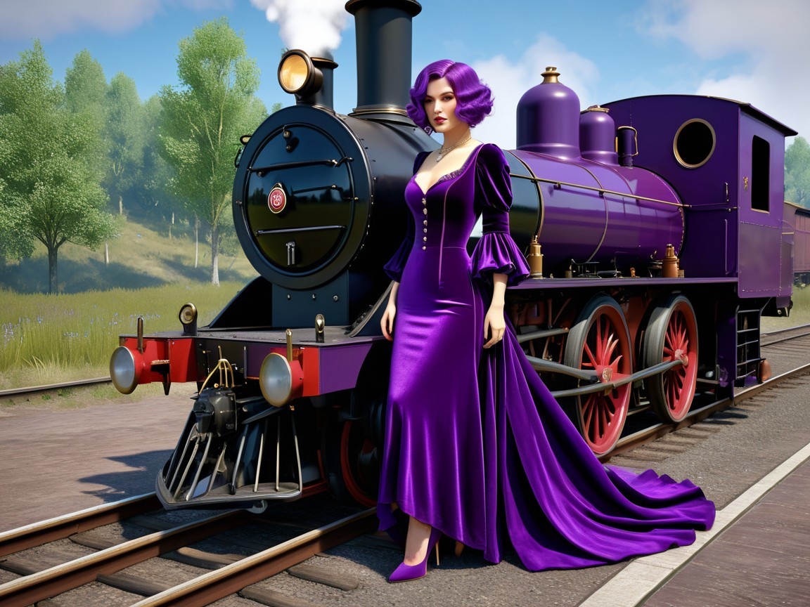 Woman in Purple Gown Beside Vintage Purple Locomotive