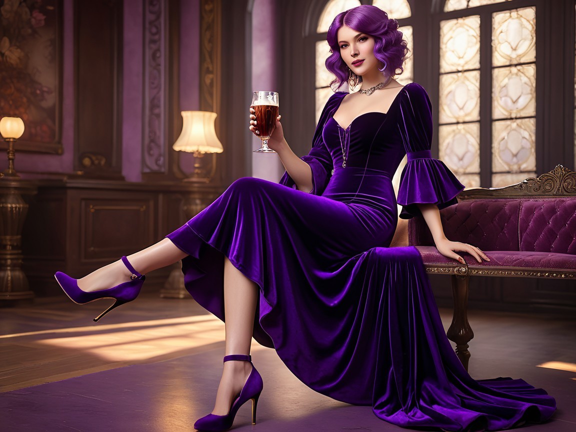 Elegant Woman in Purple Velvet Gown in Luxurious Setting